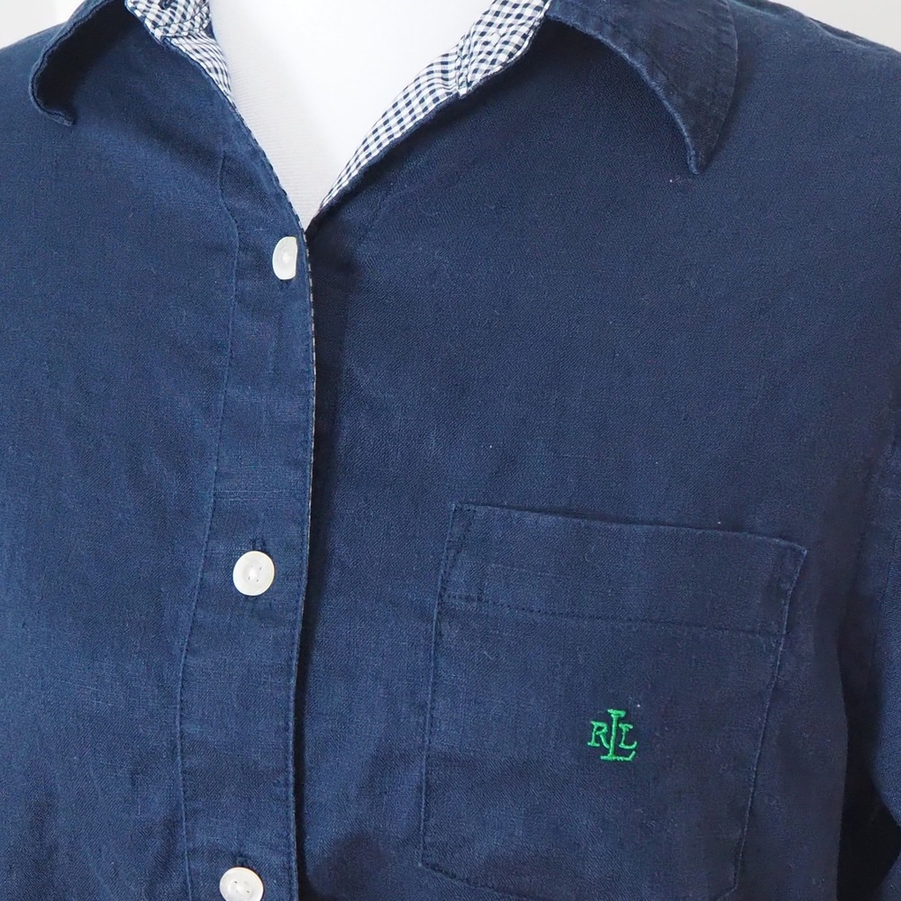 Lauren Ralph Lauren 100% Linen Shirt Dress Sz Medium‎ Petite Navy Preppy Luxury